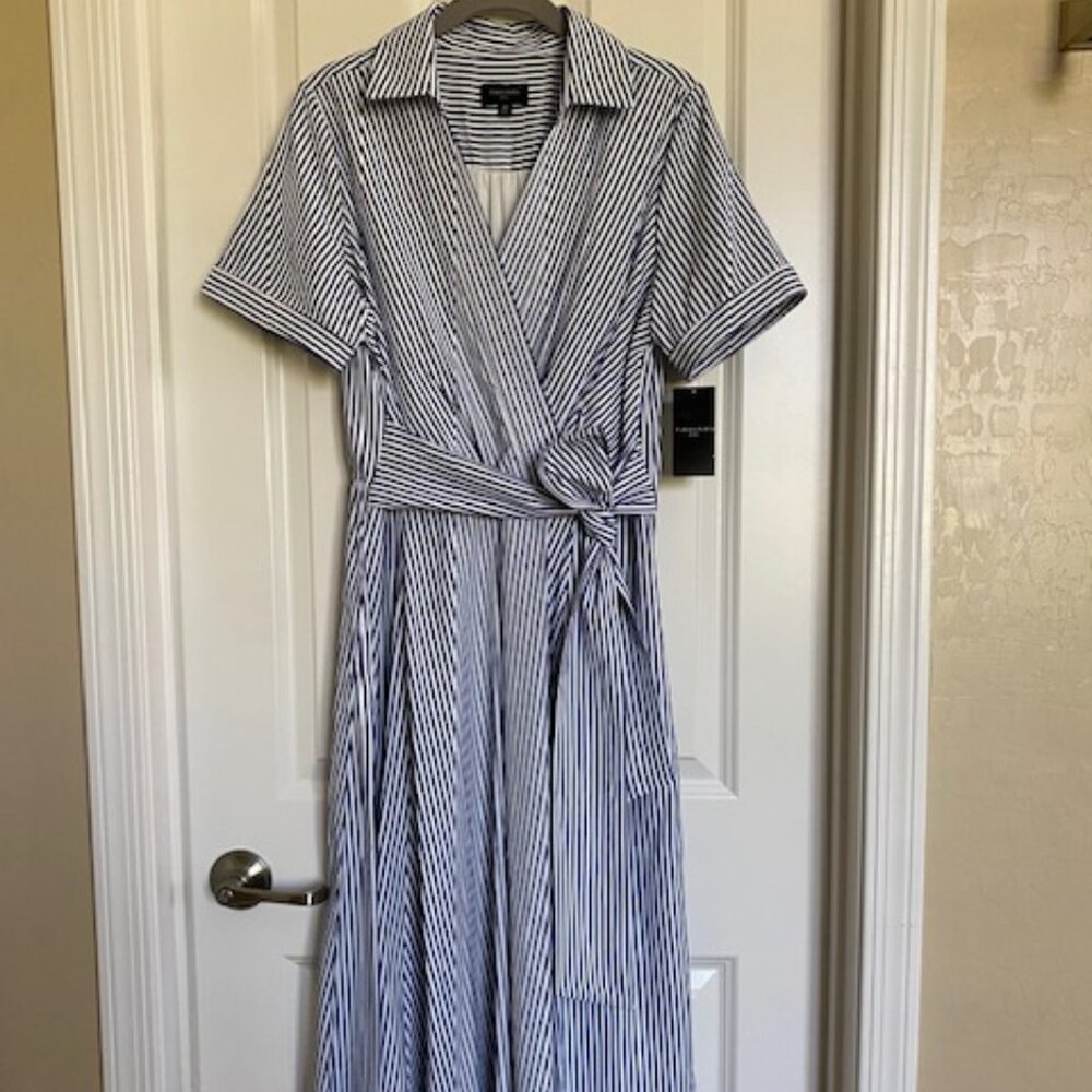 Tahari ASL Midi Dress Short Sleeves Striped Blue White Size 12